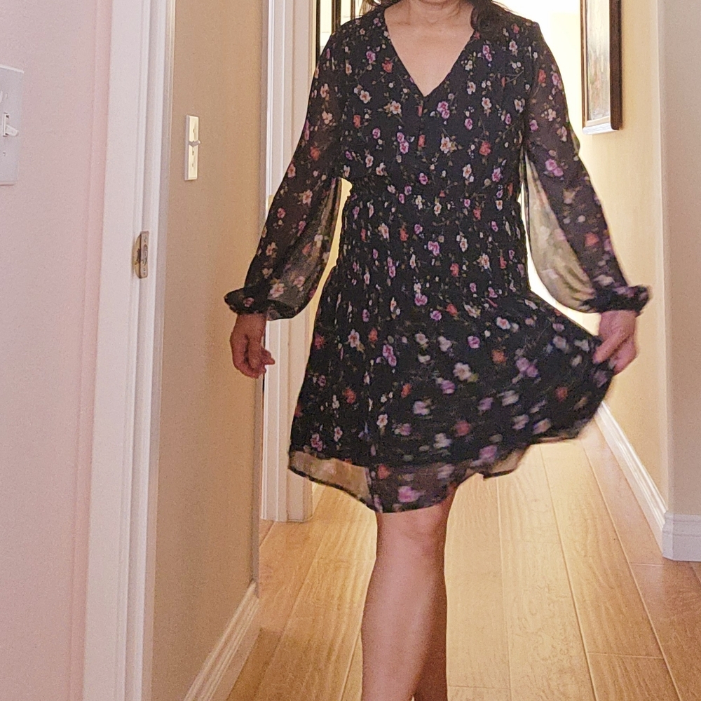 Guess,black silky dress with tiny flowers